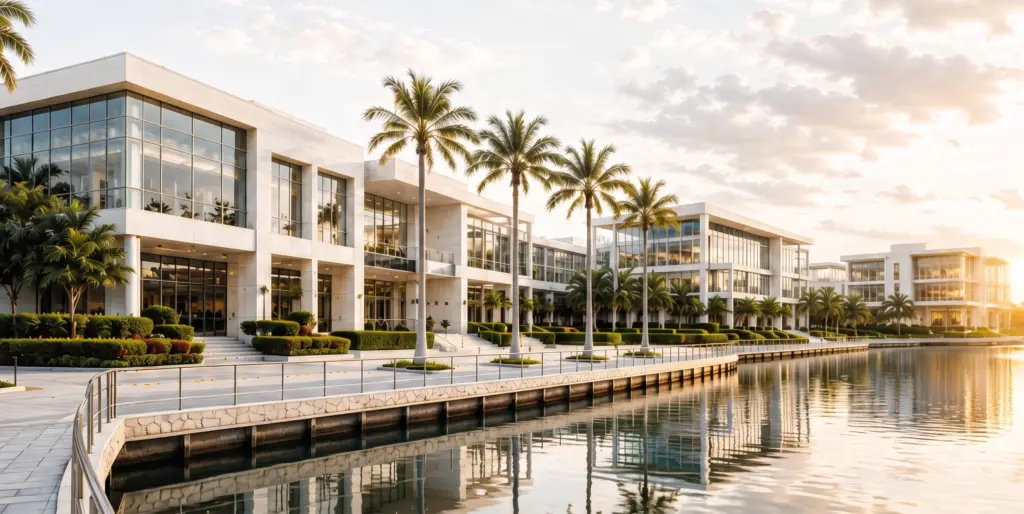 Modern white office campus with glass façades, palm trees, and a canal reflecting the sunset mid-scene. (informative)"
